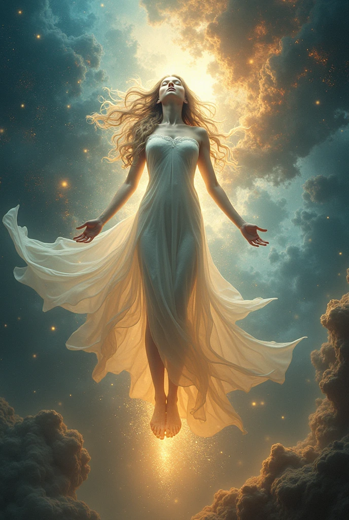 Little woman flying in a galaxy