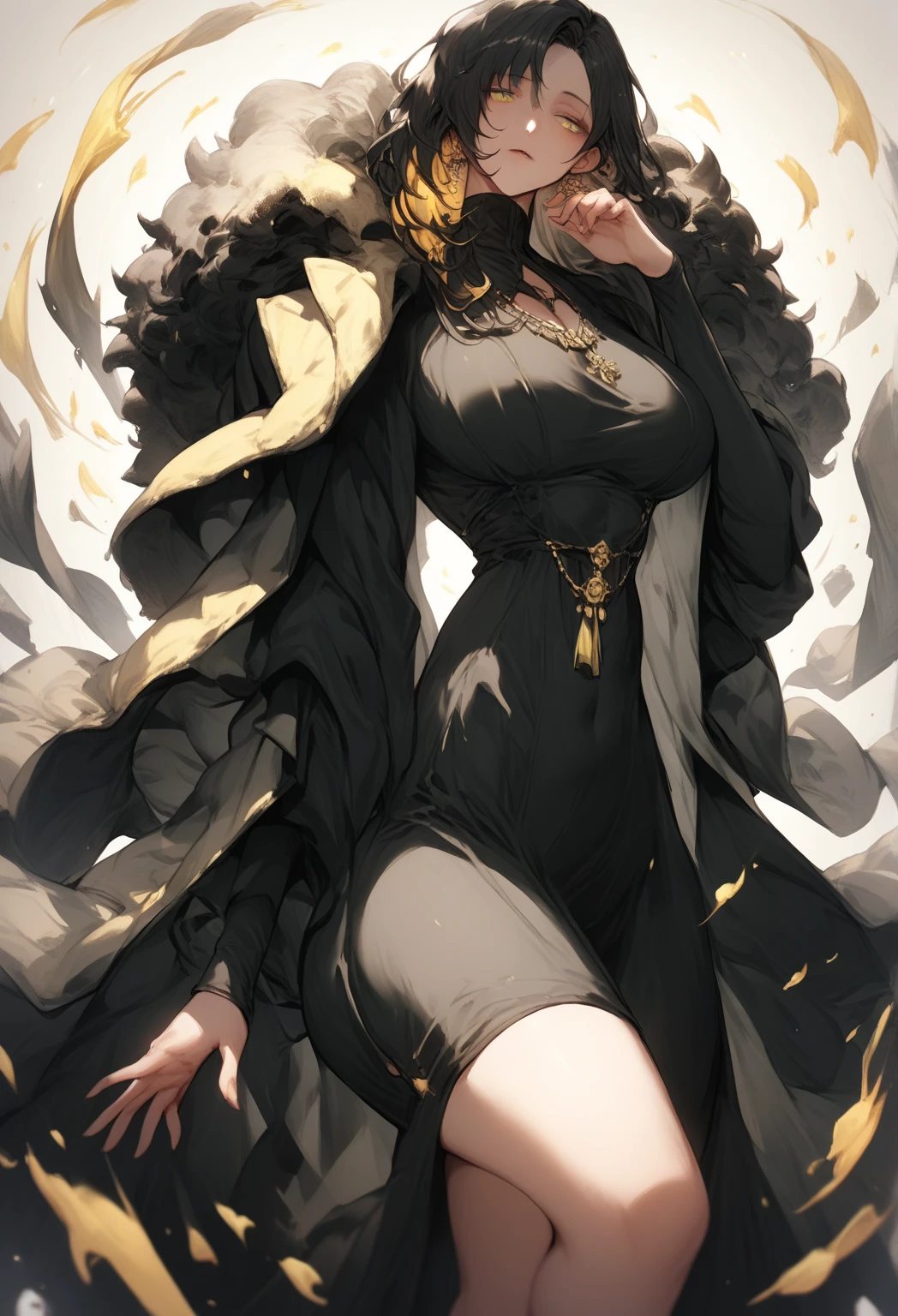 MILF, big breasts, thick thighs, side long black hair, yellow eyes, fur coat, black millitary dress