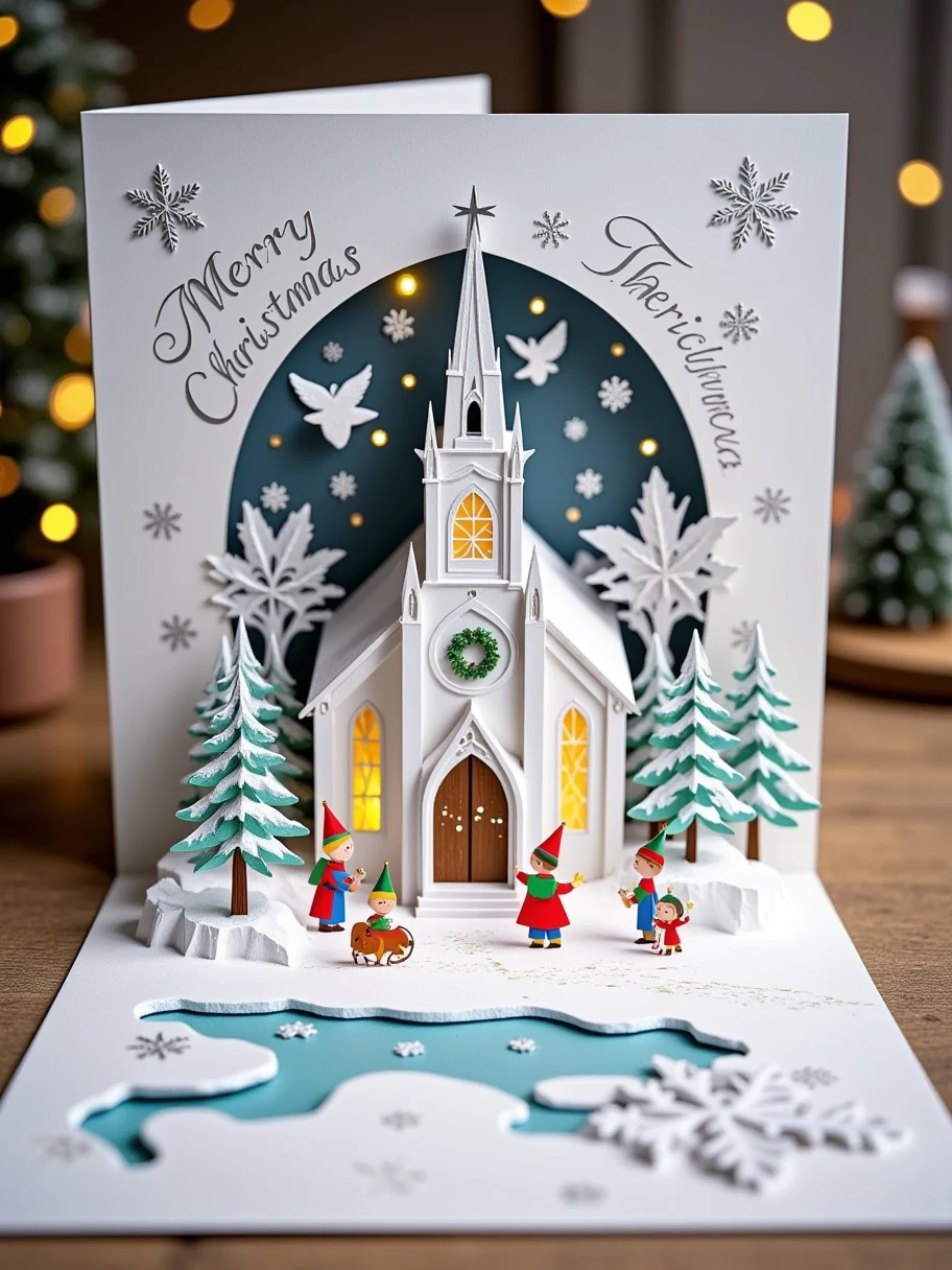  A realistic close-up photo of a handmade Christmas pop-up card ， paper-cut details of a handmade Christmas pop-up card 。After opening the card, ，, while the neutral background allows people to focus attention on the craftsmanship of the greeting card ：A magnificent Christmas church ， with stained glass windows and a tall spire 。 The church is surrounded by snow-covered trees and a path leading to the entrance。 The church has paper children singing Christmas carols 。 x} This card is made entirely of carefully cut and folded paper or card stock ， presents a detailed 3D scene made of multiple layers of paper {x} and a simple “Merry Christmas” with an elegant raised layer of paper。 can be seen on the outer cover of the card ，White， with stamped silver letters and decoupage details with angel motifs 。 The paper kid looks at the house with a curious expression ， card The interior background shows laser-cut snowflakes and stars 