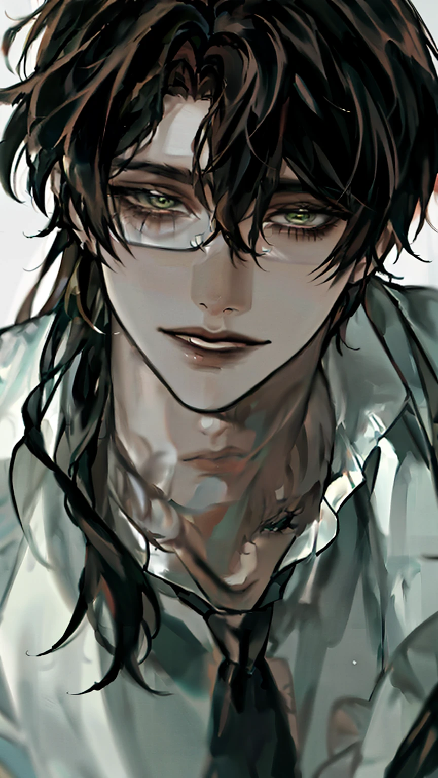 boy, long hair hairstyle , brown hair , sharp eyes, white skin , (( frill shirt)), green eyes, glasses