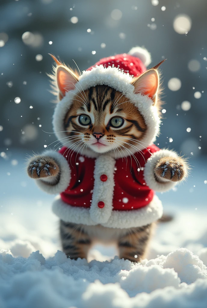  the cutest brown tiger pattern kitten in the world who fights demons while pretending to be Santa、((Realistic:1.3))、heavy snow、Lots of little devils dancing in the air 