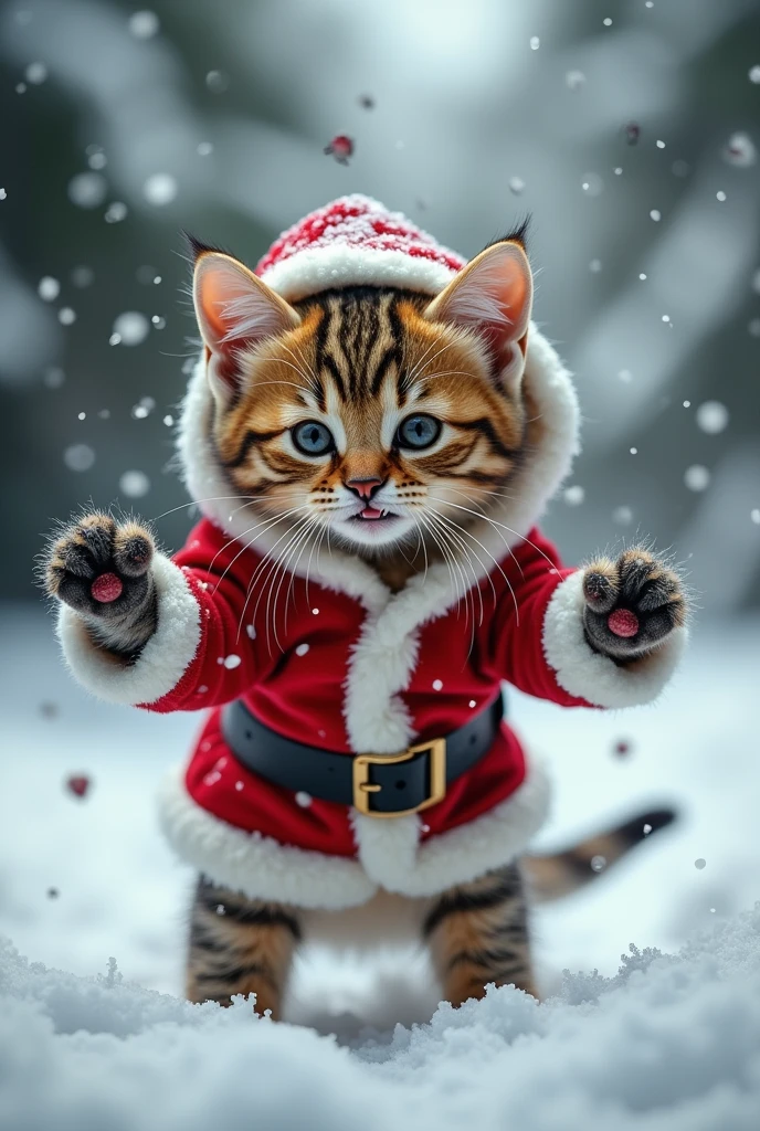  the cutest brown tiger pattern kitten in the world who fights demons while pretending to be Santa、((Realistic:1.3))、heavy snow、Lots of little devils dancing in the air 