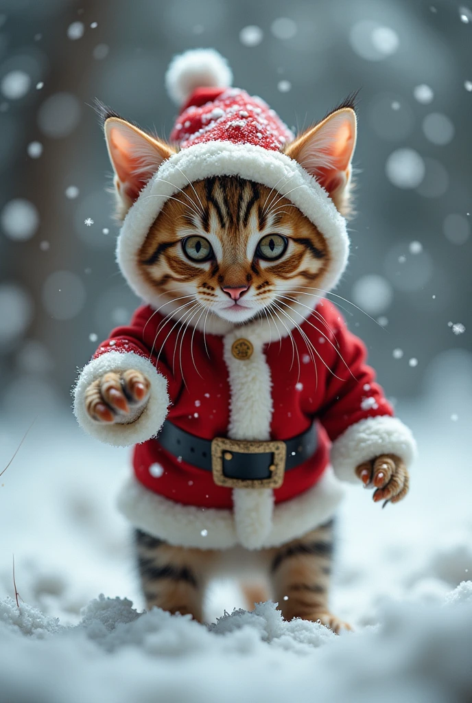  the cutest brown tiger pattern kitten in the world who fights demons while pretending to be Santa、((Realistic:1.3))、heavy snow、Lots of little devils dancing in the air 