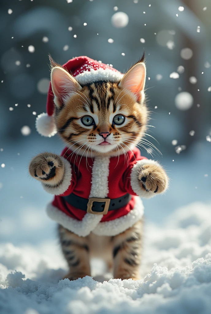  the cutest brown tiger pattern kitten in the world who fights demons while pretending to be Santa、((Realistic:1.3))、heavy snow、Lots of little devils dancing in the air 