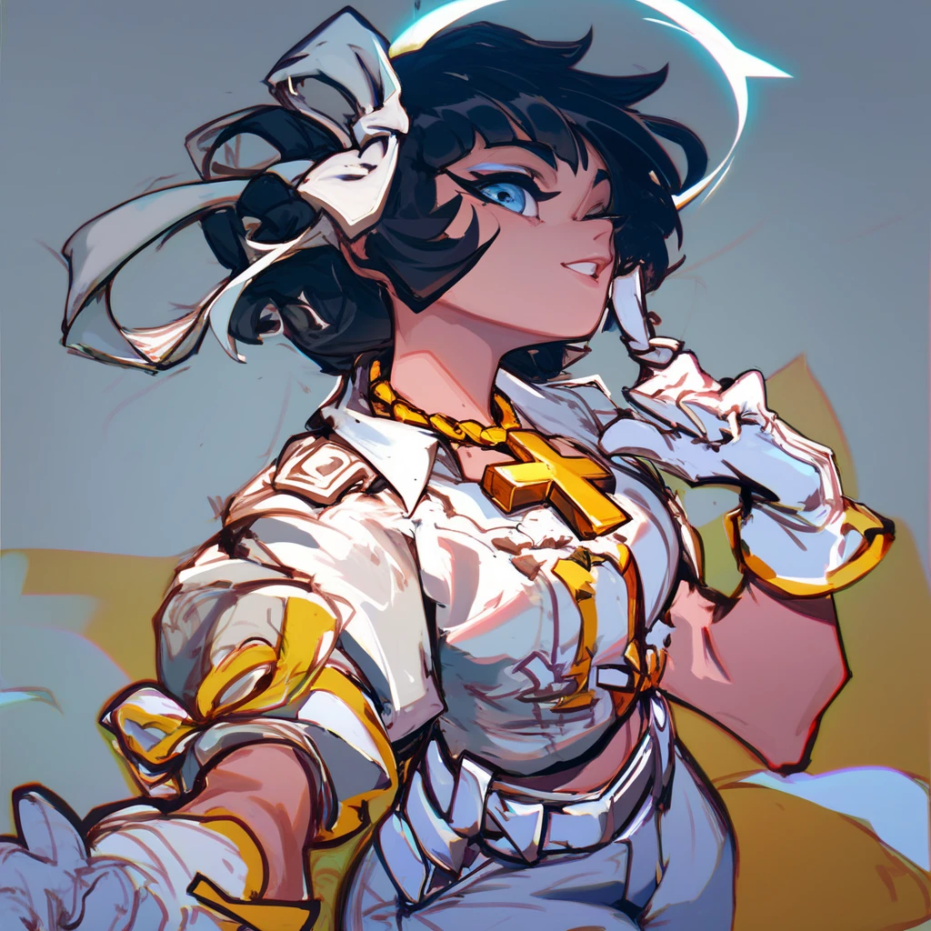 htazazel, girl, solo, black hair, hair ribbon, white ribbon, halo, white shirt, short sleeves, white gloves, white pants, white belt, cross necklace, sketch