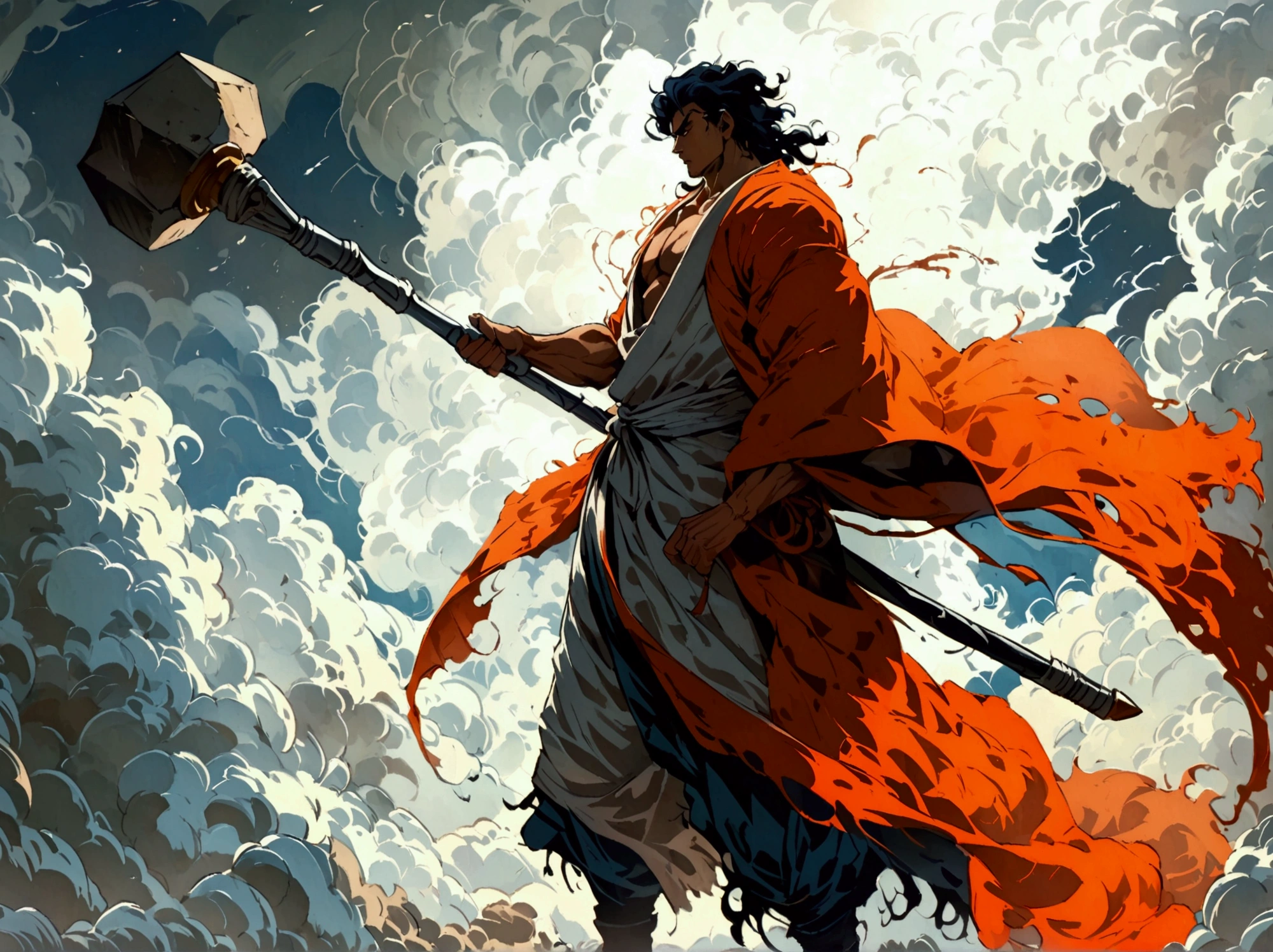 A towering, muscular warrior monk with a stoic expression, wearing traditional monk robes and wielding a massive stone weapon. His presence exudes unmatched strength and spiritual power. The background features a stormy sky filled with dark, swirling clouds. The entire scene is illustrated in a gritty, hand-drawn 1980s anime art style, emphasizing bold lines, intense shadows, and dramatic color contrasts.