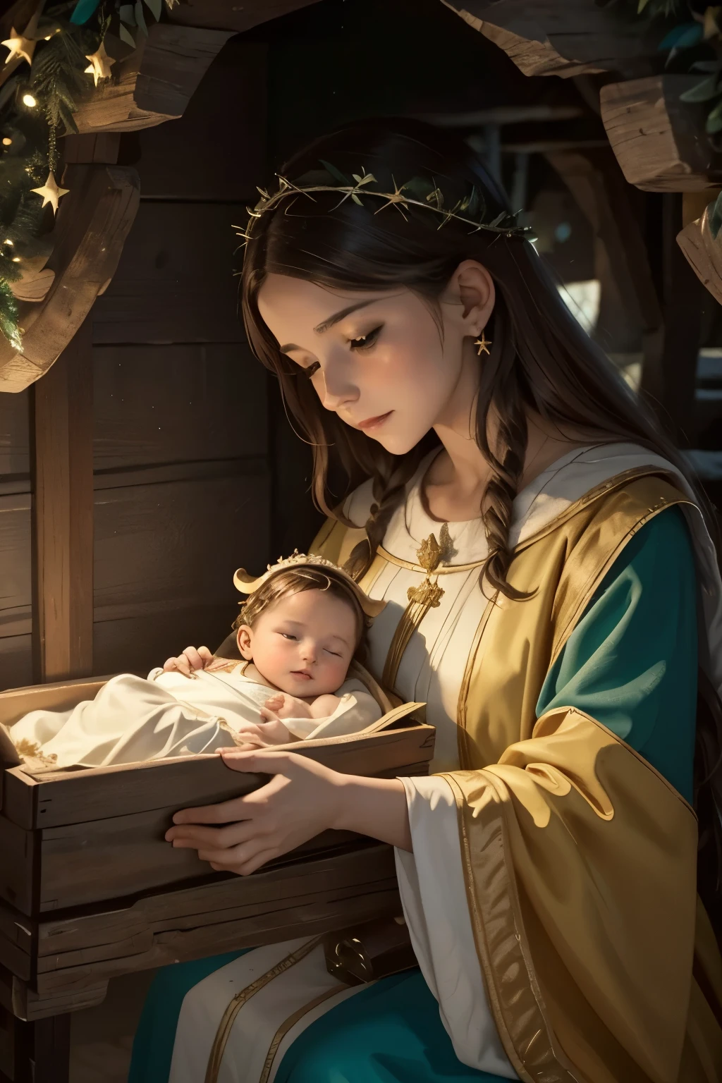 SFW,a close up of a nativity scene with a baby jesus and a goat, with infant jesus, joyous, decoration, bible illustration, jolly, 5 d, 5d, 4 d, 4d, added detail, center focused, holy themed, holy, spiritual scene, religión, epiphany, wooden, shaped picture, childrens illustrated storybook, 2 d, 2d A newborn baby Jesus, Virgin Mary, Saint Joseph, angels, shepherds, animals, humble cave, glowing light, religious, joyful, solemn, masterpiece, photorealistic, cinematic lighting, warm color palette, dramatic shadows, highly detailed, seamless composition, sacred atmosphere, ultra-detailed, 8k, best quality, ferfect hands, perfect finger, sarafed painting of a nativity scene with a manger and a woman, by Gerald van Honthorst, gerard van honthorst, the birth, with infant jesus, by Cristofano Allori, by Jan Baptist Weenix, by Joris van der Haagen, by Jacob van Campen, by Johann Liss, biblical art lighting