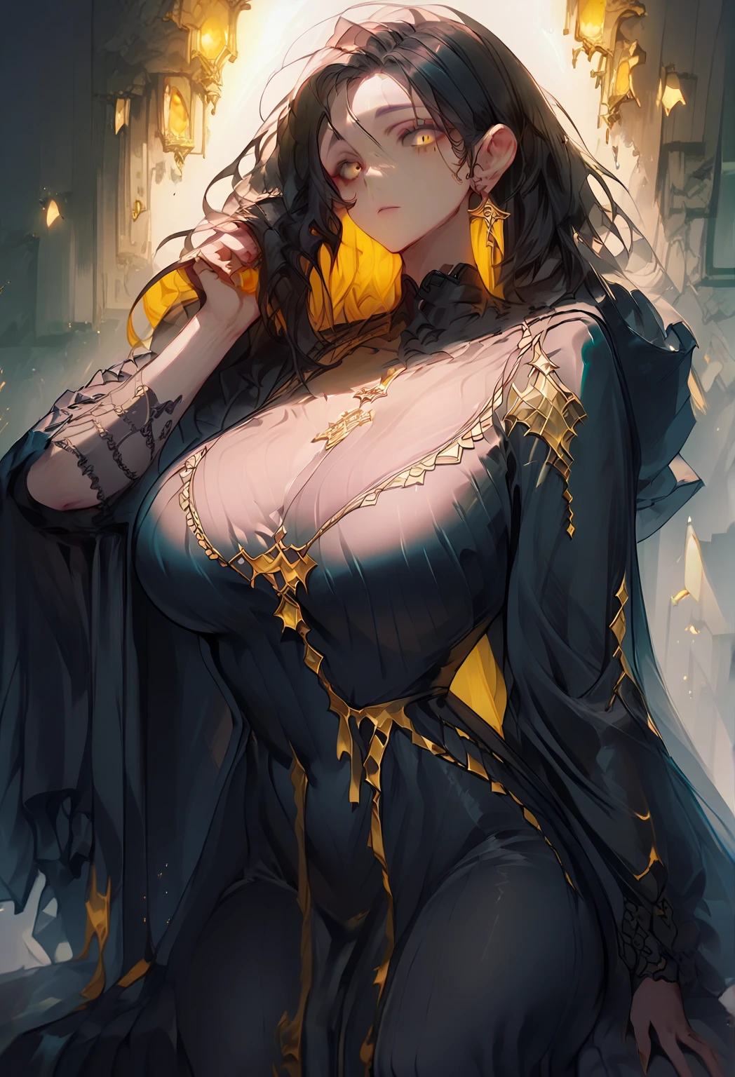 MILF, big breasts, thick thighs, side long black hair, yellow eyes, black dress