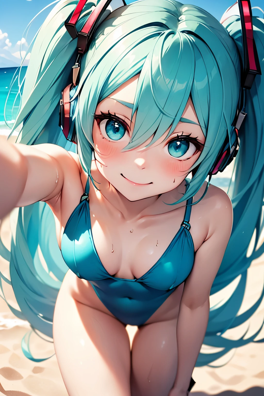  top quality , High Definition ,Very high definition and delicate face, Sugar Angle,  Hatsune Miku , (hatune friend), (((1 female))),Very cute, hair on the back of the foot , headgear ,interface headset,turquoise hair,( very long twin tails ),(((The background is a resort beach))),(股間に焦点を当てTake a picture looking up from Miku's feet),smile,(Metallic Turquoise Ultra Slim Slingshot Swimsuit),( cowboy shot showing shoulders),(masterpiece:1.2),( beautiful, sparkling eyes with attention to detail),  detailed face , perfect lighting, Extremely delicate lighting , cinematic writing , (perfect hand,  complete anatomy), sweaty all over, nipples are invisible , lower angle ,Take a picture looking up from Miku's feet,Focus on the crotch.(The pose is standing split ),Raise one leg straight up,スーパー lower angle ,
