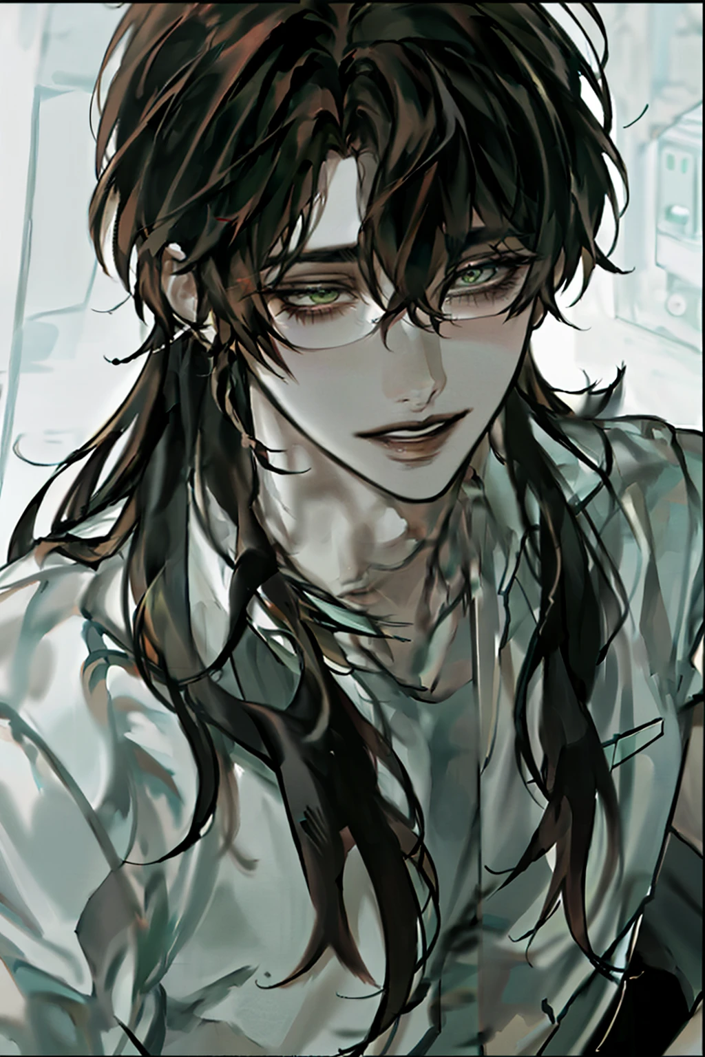 boy, long hair hairstyle , brown hair , sharp eyes, white skin , (( frill shirt)), green eyes, glasses