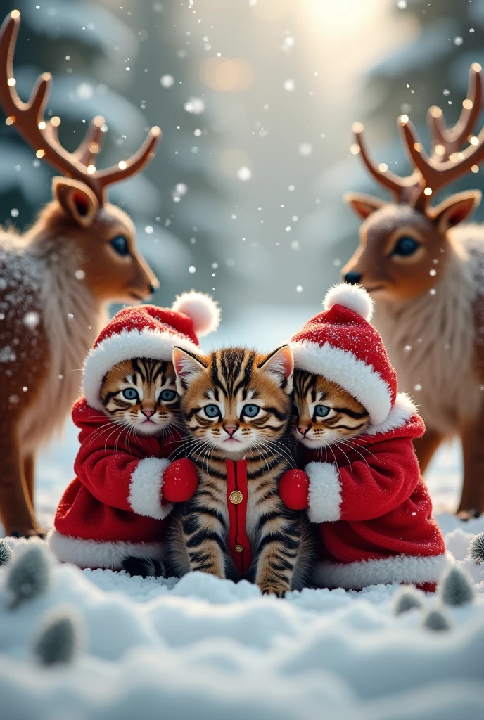  the cutest brown tiger pattern kitten in the world who fights demons while pretending to be Santa、((Realistic:1.3))、heavy snow、Lots of little devils dancing in the air 