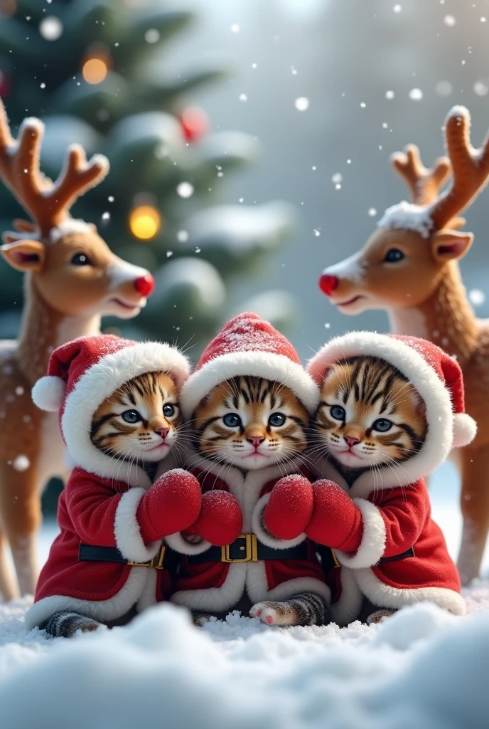  the cutest brown tiger pattern kitten in the world who fights demons while pretending to be Santa、((Realistic:1.3))、heavy snow、Lots of little devils dancing in the air 