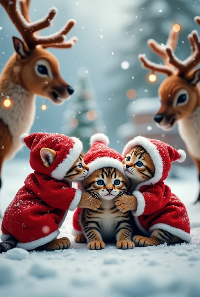  the cutest brown tiger pattern kitten in the world who fights demons while pretending to be Santa、((Realistic:1.3))、heavy snow、Lots of little devils dancing in the air 