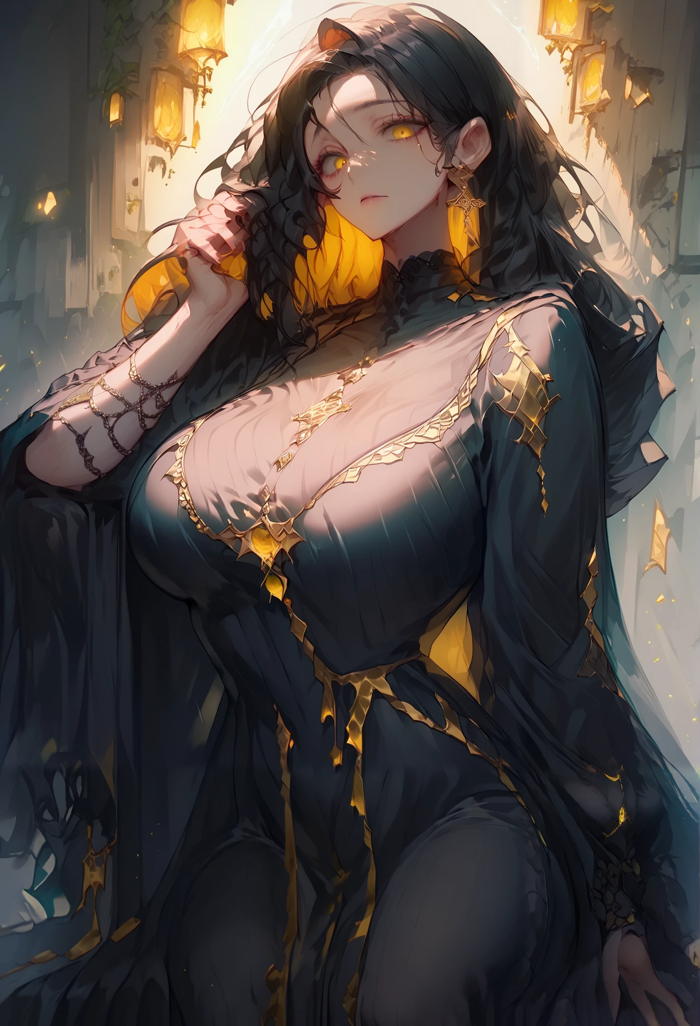 MILF, big breasts, thick thighs, side long black hair, yellow eyes, black dress