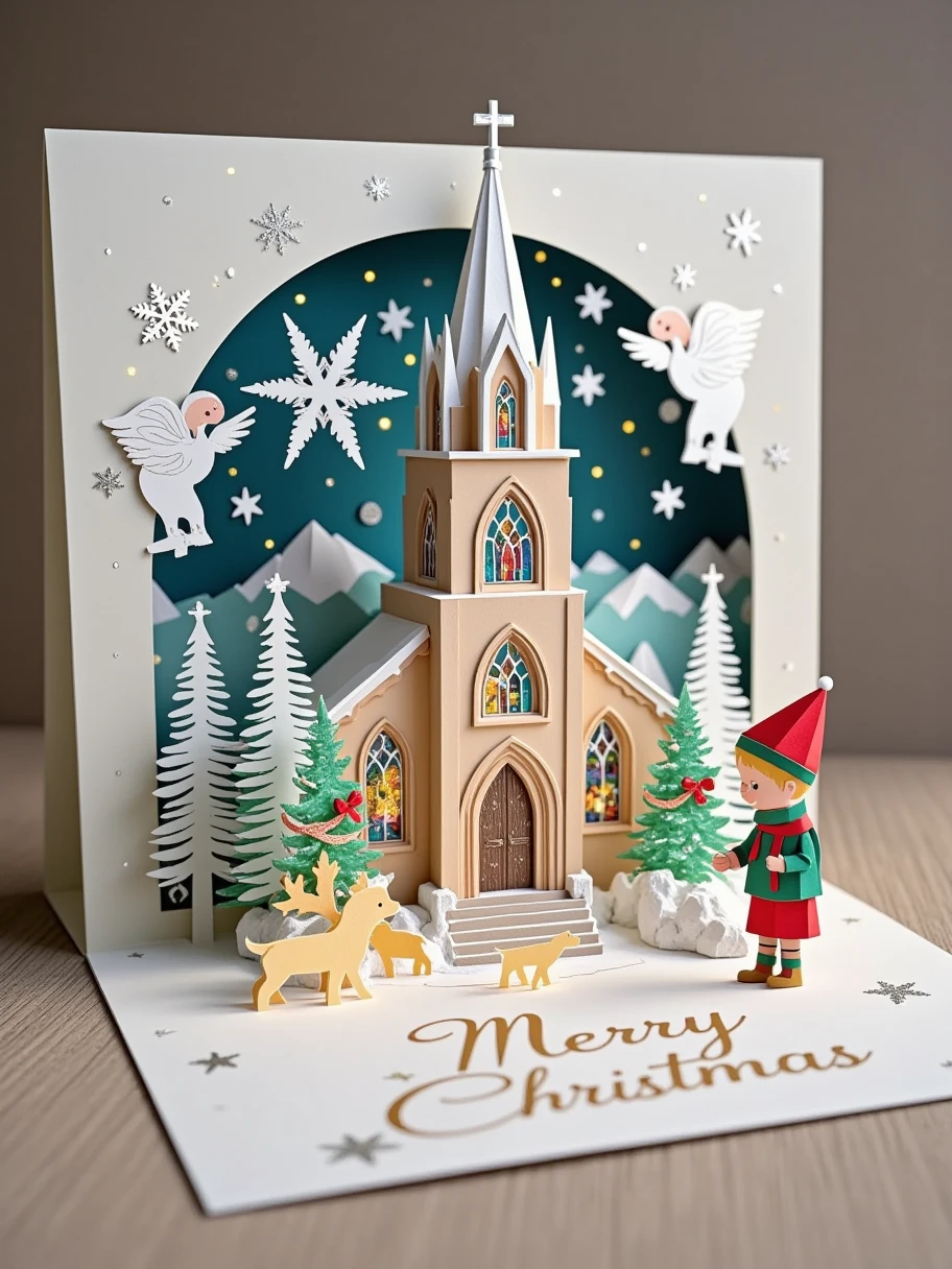  A realistic close-up photo of a handmade Christmas pop-up card ， paper-cut details of a handmade Christmas pop-up card 。After opening the card, ，, while the neutral background allows people to focus attention on the craftsmanship of the greeting card ：A magnificent Christmas church ， with stained glass windows and a tall spire 。 The church is surrounded by snow-covered trees and a path leading to the entrance。 The church has paper children singing Christmas carols 。 x} This card is made entirely of carefully cut and folded paper or card stock ， presents a detailed 3D scene made of multiple layers of paper {x} and a simple “Merry Christmas” with an elegant raised layer of paper。 can be seen on the outer cover of the card ，White， with stamped silver letters and decoupage details with angel motifs 。 The paper kid looks at the house with a curious expression ， card The interior background shows laser-cut snowflakes and stars 