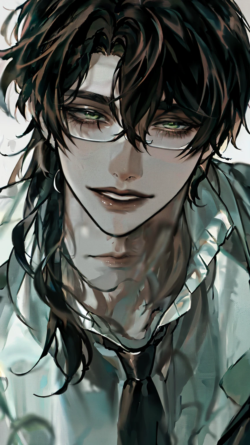 boy, long hair hairstyle , brown hair , sharp eyes, white skin , (( frill shirt)), green eyes, glasses