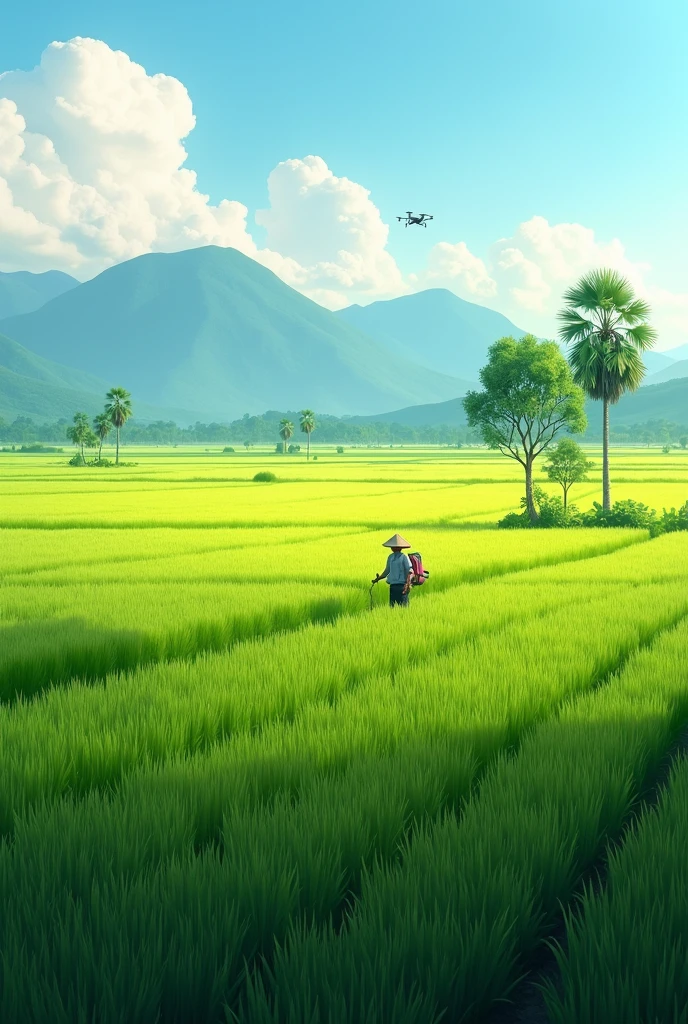 Green rice fields, a farmer uncle looking to sky, ((farmer uncle wearing engineer uniform)), wearing straw hat, two hand holding a ipad, huge background, beautiful sky with cloud
