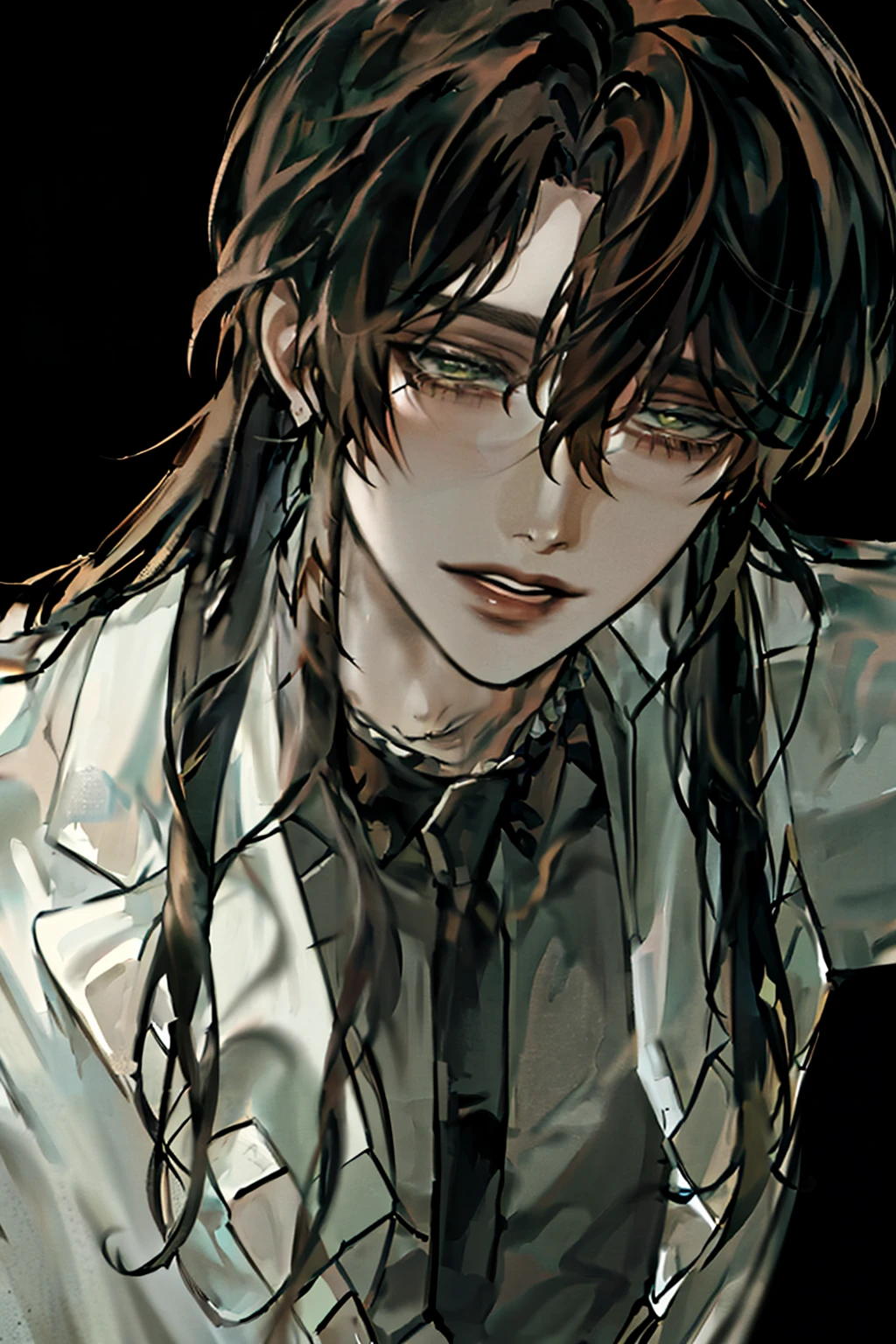 boy, long hair hairstyle , brown hair , sharp eyes, white skin , (( frill shirt)), green eyes, glasses