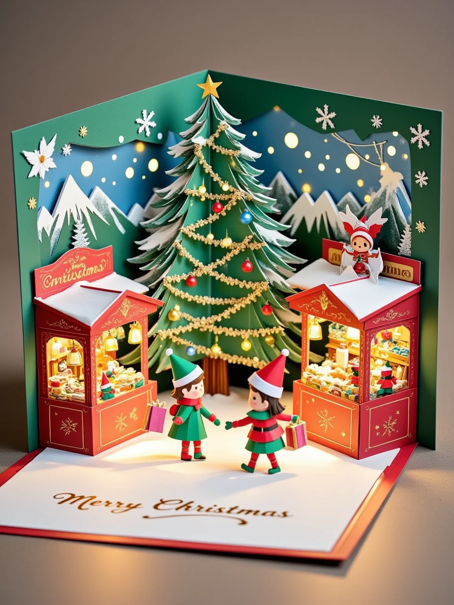  A realistic close-up photo of a handmade Christmas pop-up card ， paper-cut details of a handmade Christmas pop-up card 。The greeting card is an open ，, while the neutral background allows people to focus attention on the craftsmanship of the greeting card ： a lively Christmas bazaar ， with colorful stalls selling ornaments 、 toys and all kinds of food 。 with paper kids walking around ， with bags of purchased items in their hands 。In the center of the screen， A large Christmas tree decorated with lanterns and metal foil 。 x} This card is made entirely of carefully cut and folded paper or card stock ， and an elegant layer of raised paper Simple “Merry Christmas” lettering。 can be seen on the outer cover of the card ，The are red， decoupage details with stamped gold letters and angel motifs 。 The paper kid looks at the house with a curious expression ， and the neutral background makes people focus on the card's craft 。
