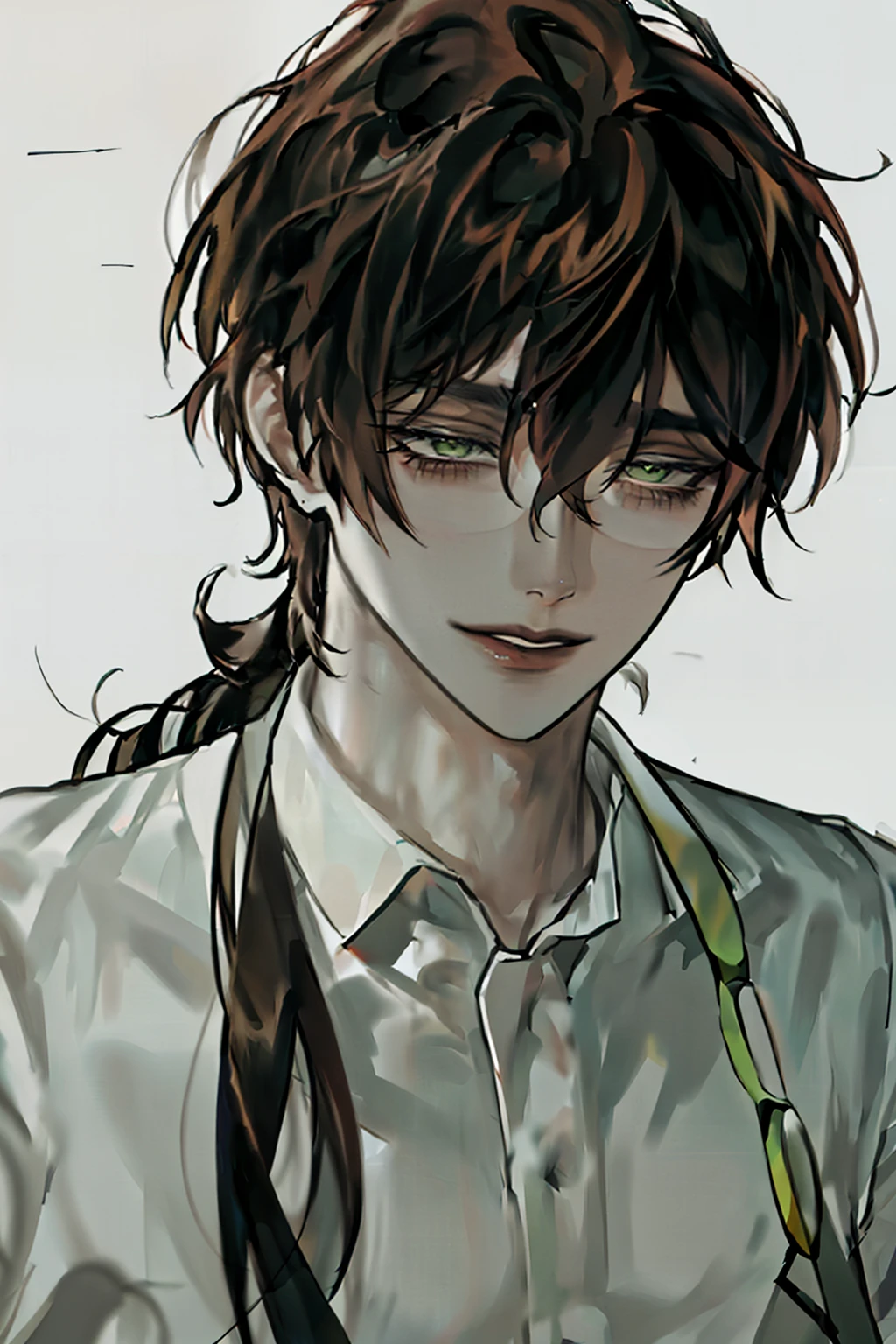 boy, long hair hairstyle , brown hair , sharp eyes, white skin , ((shirt)), green eyes, glasses