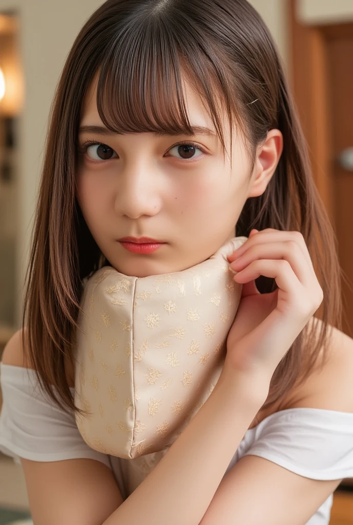 (((top-down configuration:1.4))), (best quality:1.4), (ultra highres:1.2), (photorealistic:1.4), (16k, RAW photo:1.2), (portrait shot:1.3), professional lighting, Japanese goddess, gravure, detailed face and skin texture, detailed eyes, looking at camera, nsfw, beautiful eyes, detailed eyes, beautiful face, detailed face, ((shy:1.4)), (highest quality), glowing skin, (smooth lighting:1.2), (cinema lighting:1.2), (brown long hair), (bangs:1.4), (((China dress:1.2)), ((cheongsam:1.5)), (white dress), (brocade dress:1.3), sleeveless, (((emphasize cleavage:1.5))), (((cleavage cutout:1.8))), (((clothing cutout))), ((tight mini skirt:1.6)), ultra detailed dress, (gold decoration), (bare thighs:1.4), (bare legs:1.2), sitting down, leaning forward, (arms behind head), (emphasize armpit:1.4), (from slightly side)