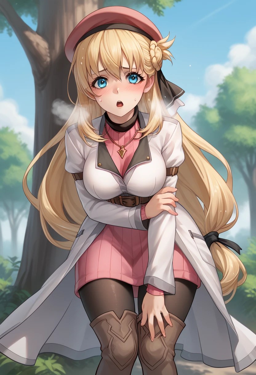 score_9, score_8_up, score_7_up, score_6_up, score_5_up, score_4_up, BREAK source_anime,
1girl, solo, sfw,  Agnes Claudel, blonde hair, long hair, blue eyes, large breasts, hair ribbon, beret, white coat, turtleneck dress, necklace, belt, pink skirt, pantyhose, brown boots, thigh boots,, full body shot, front view, looking at viewer, outdoors, sky, trees, 
racoonsan,, standing up bending forward exhausted heavy breathing, sweating, wet, moaning, mouth open, touching her chest with one hand