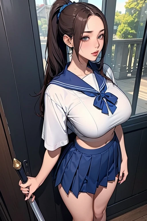 (超High resolution,4K,Very detailed, photograph, 8k, High resolution, High resolution, Absurd:1.2),18 year old Japanese female,expensive,Long black hair,Beautiful character design,Beautifully detailed eye depiction,Perfect Face,Expressive eyes,Brown eyes,Please smile with your teeth showing,(Short sleeve, Cute white sailor suit, Dark blue pleated skirt, Navy Sailor Collar, Sailor scarf, socks, Brown Loafers:1.1),(Huge breasts:1.2),(See-through bra:0.6),Tight waist,In the living room,Daytime,Cowboy Shot