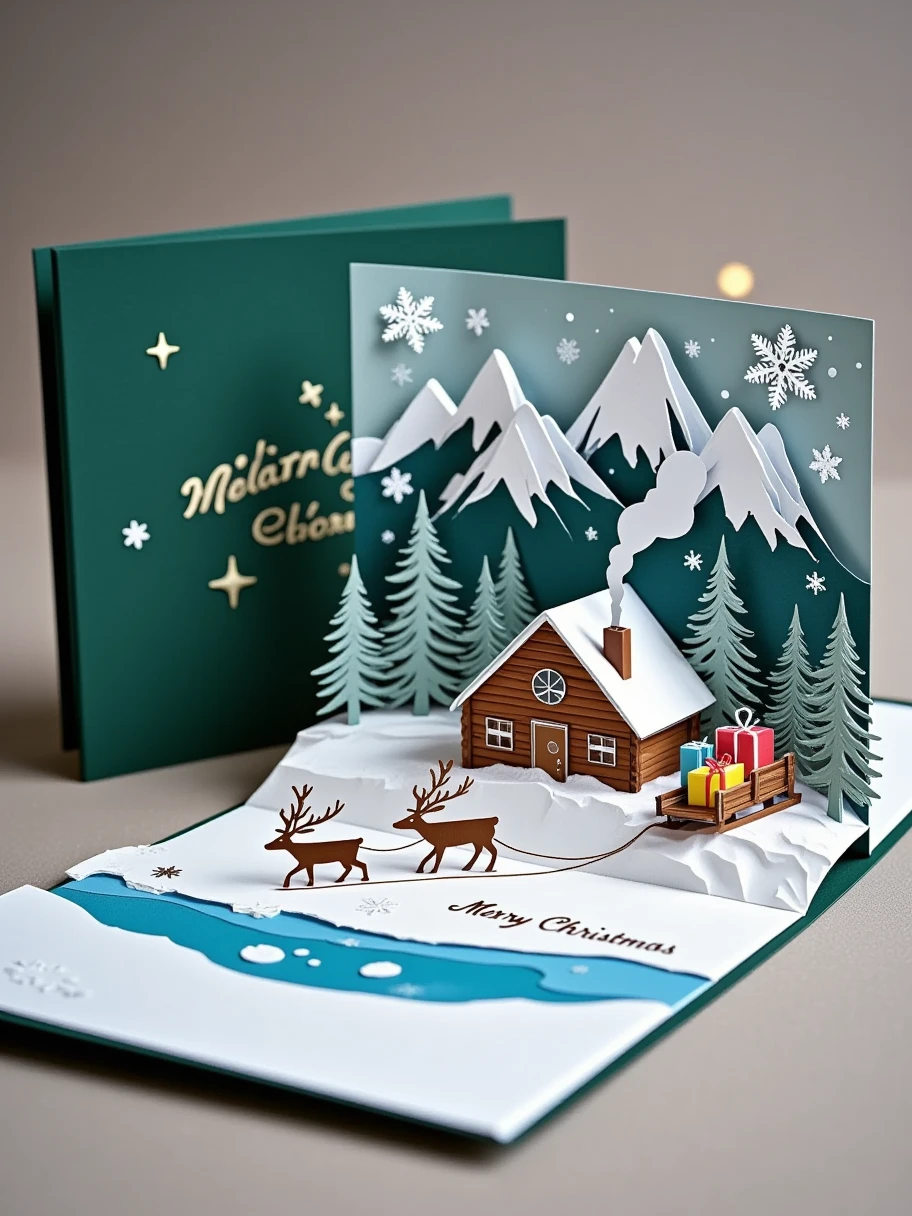 A realistic close-up photo of a handmade Christmas popup card made entirely of intricately cut and folded paper or cardstock. The card is open, revealing a detailed 3D scene crafted from layered paper: a snow-covered mountain range with a small log cabin and a smoking chimney, surrounded by pine trees and a frozen lake. In the foreground, there are paper reindeer pulling a sled filled with gifts. The background inside the card displays laser-cut snowflakes and stars, with a simple 'Merry Christmas' message elegantly formed from raised paper layers. The outer cover, partially visible, is dark green with embossed silver lettering and paper-cut details of holly leaves. The lighting emphasizes the texture and precision of the paper design, with a neutral background to keep the focus on the car