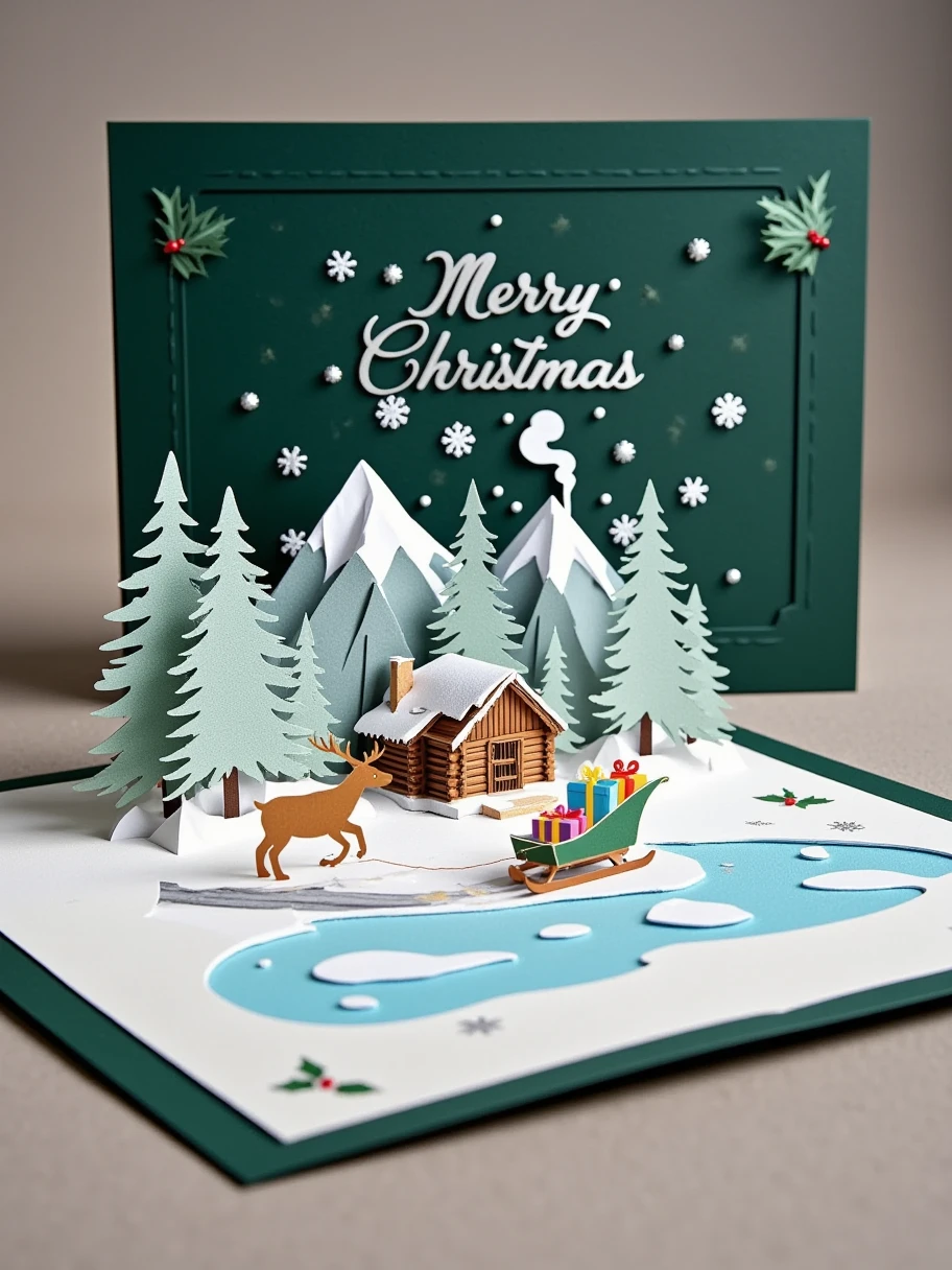 A realistic close-up photo of a handmade Christmas popup card made entirely of intricately cut and folded paper or cardstock. The card is open, revealing a detailed 3D scene crafted from layered paper: a snow-covered mountain range with a small log cabin and a smoking chimney, surrounded by pine trees and a frozen lake. In the foreground, there are paper reindeer pulling a sled filled with gifts. The background inside the card displays laser-cut snowflakes and stars, with a simple 'Merry Christmas' message elegantly formed from raised paper layers. The outer cover, partially visible, is dark green with embossed silver lettering and paper-cut details of holly leaves. The lighting emphasizes the texture and precision of the paper design, with a neutral background to keep the focus on the car