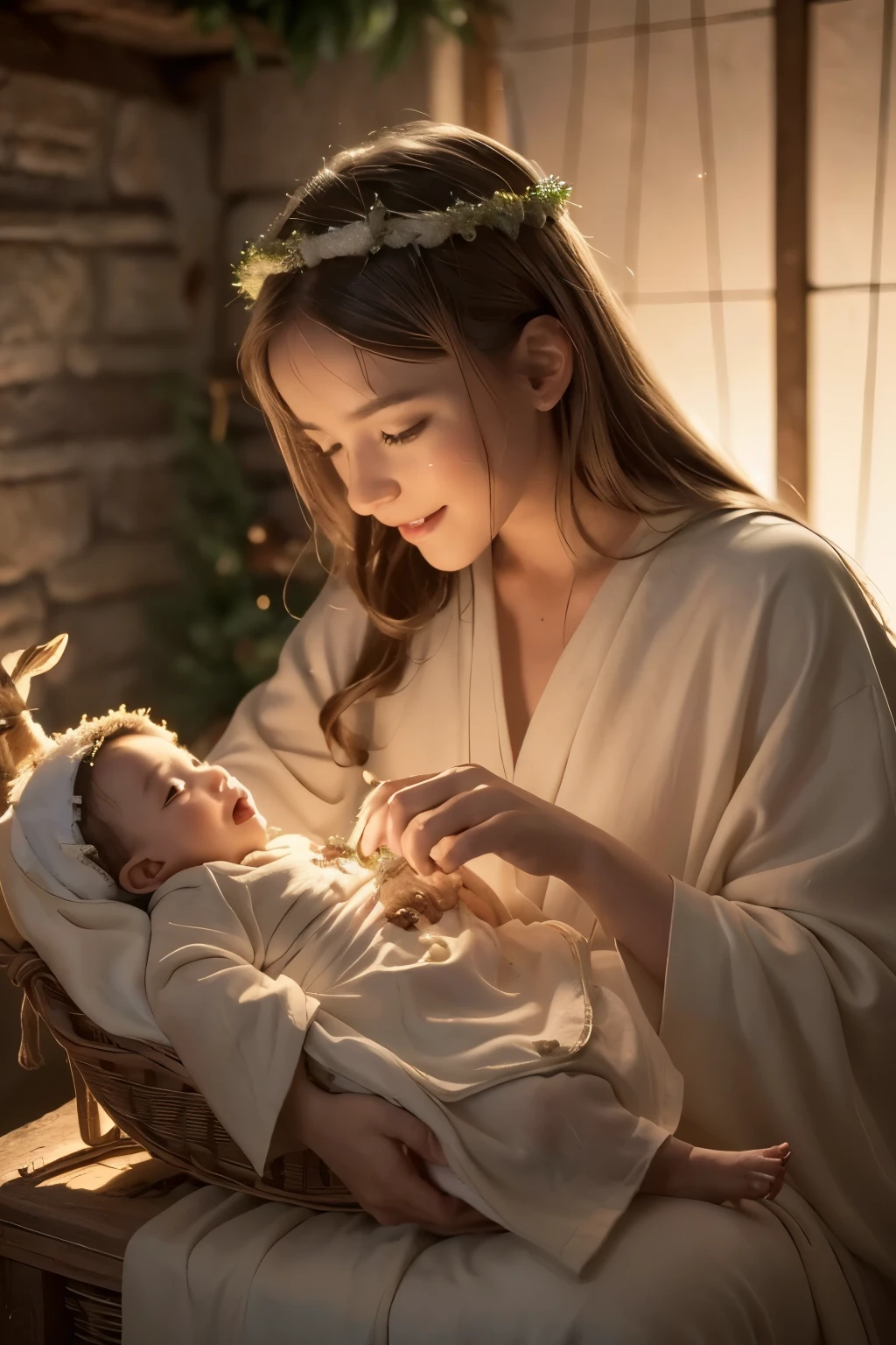 a close up of a nativity scene with a baby jesus and a goat, infant jesus, joyous, decoration, bible illustration, photorealistic, intricate detail, dramatic lighting, glowing, warm colors, beautiful, peaceful, awe-inspiring, (best quality,4k,8k,highres,masterpiece:1.2),ultra-detailed,(realistic,photorealistic,photo-realistic:1.37)