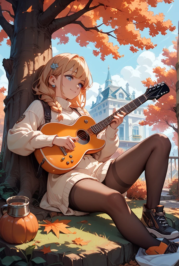 Create an image of a young lady sitting under a tree tree playing the guitar on a cold autumn day.