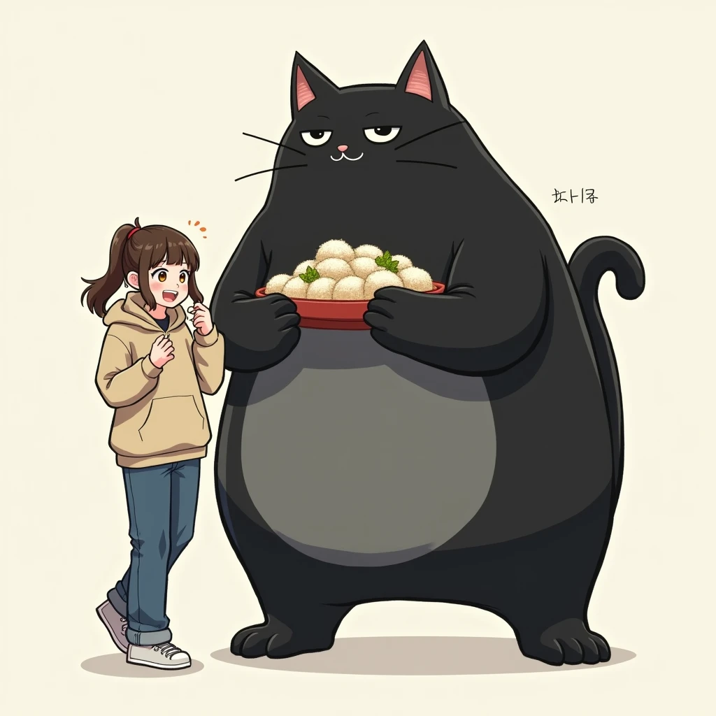 huge black cat, Cait Sith, gray belly ,  walking on two legs, Overall rounded form:1.3,  simple face , cute,  slightly poor eyesight, I'm holding an Obon with food on it with both hands, beige apron, ω