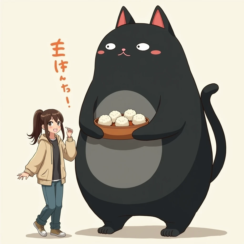 huge black cat, Cait Sith, gray belly ,  walking on two legs, Overall rounded form:1.3,  simple face , cute,  slightly poor eyesight, I'm holding an Obon with food on it with both hands, beige apron, ω