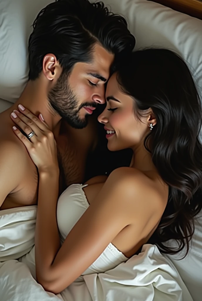 Generate a vivid picture of a light skin mixed race man sexually penetrating a woman of east indian descent. She is enjoying it. Show the images of their sexual organs. Put them on a bed and show the actual intercourse.