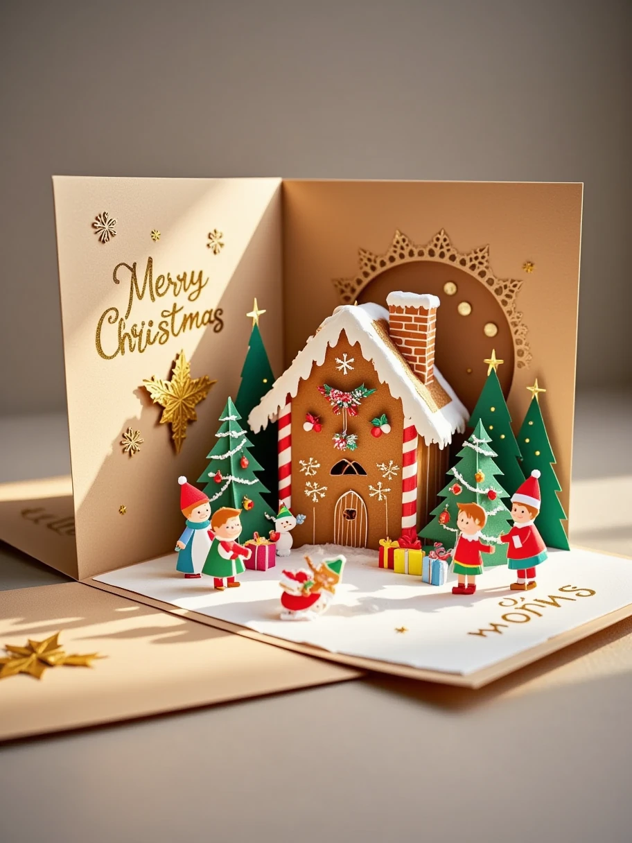 A realistic close-up photo of a handmade Christmas popup card made entirely of intricately cut and folded paper or cardstock. The card is open, revealing a detailed 3D scene crafted from layered paper: a cute gingerbread house with candy cane columns and gumdrop decorations. There are paper children looking at the house with wonder. Around the house, there is a garden of paper snowmen and Christmas trees. The background inside the card displays laser-cut snowflakes and stars, with a simple 'Merry Christmas' message elegantly formed from raised paper layers. The outer cover, partially visible, is light brown with embossed gold lettering and paper-cut details of gingerbread men. The lighting emphasizes the texture and precision of the paper design, with a neutral background to keep the focus on the card's craftsmanship.