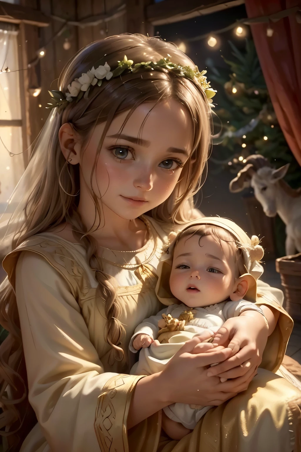 a close up of a nativity scene with a baby jesus and a goat, infant jesus, joyous, decoration, bible illustration, photorealistic, intricate detail, dramatic lighting, glowing, warm colors, beautiful, peaceful, awe-inspiring, (best quality,4k,8k,highres,masterpiece:1.2),ultra-detailed,(realistic,photorealistic,photo-realistic:1.37)