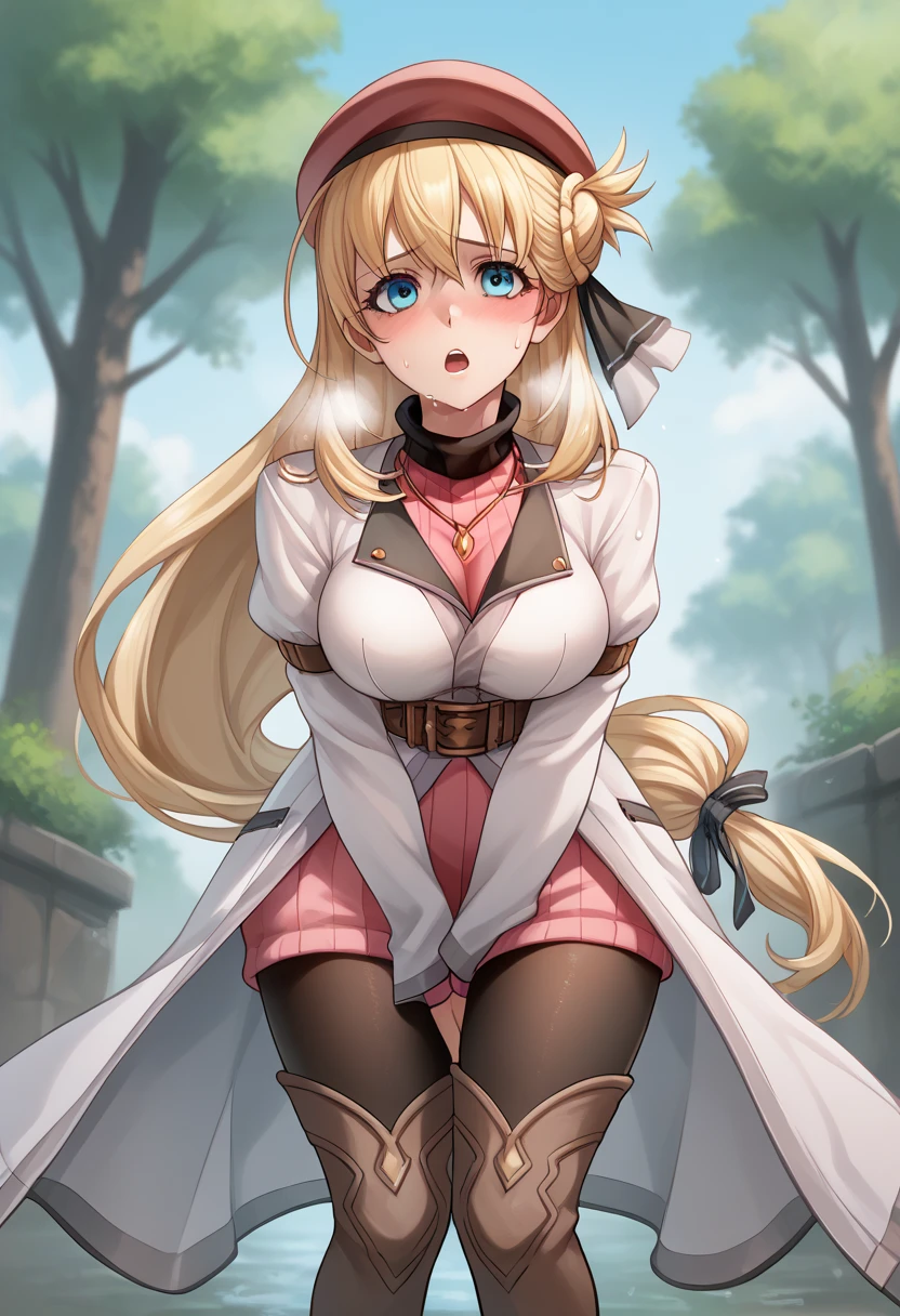 score_9, score_8_up, score_7_up, score_6_up, score_5_up, score_4_up, BREAK source_anime,
1girl, solo, sfw,  Agnes Claudel, blonde hair, long hair, blue eyes, large breasts, hair ribbon, beret, white coat, turtleneck dress, necklace, belt, pink skirt, pantyhose, brown boots, thigh boots,, (full body shot), front view, looking at viewer, outdoors, sky, trees, 
racoonsan,, (bending forward), exhausted, heavy breathing, sweating, wet, moaning, aroused, mouth open, worried expression, (touching her knees), legs apart