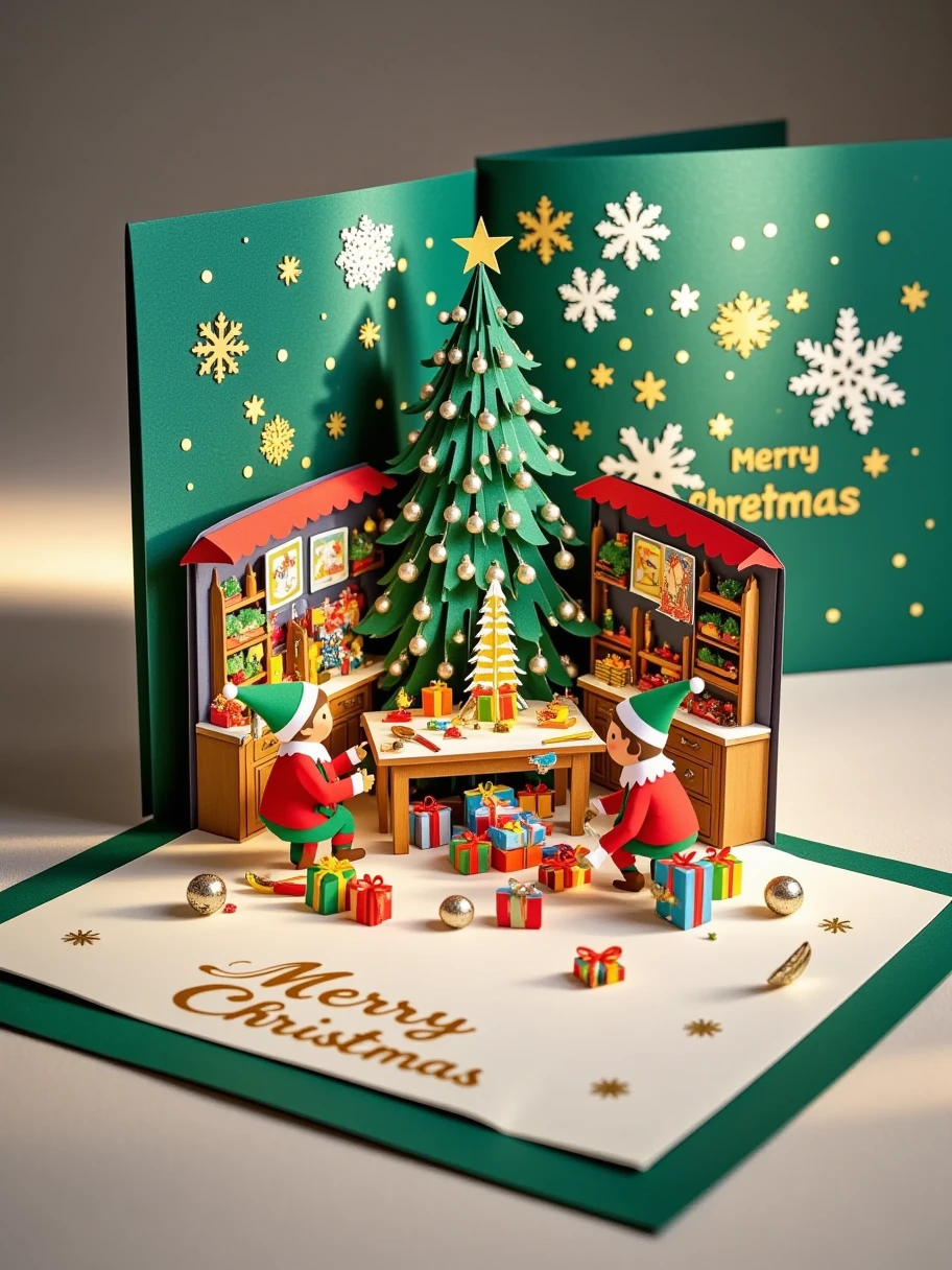 A realistic close-up photo of a handmade Christmas popup card made entirely of intricately cut and folded paper or cardstock. The card is open, revealing a detailed 3D scene crafted from layered paper: a busy elf workshop filled with toys and tools. Paper elves are hard at work, painting toys and wrapping gifts. There are shelves lined with colorful presents. In the center, there is a large table with a half-finished toy. The background inside the card displays laser-cut snowflakes and stars, with a simple 'Merry Christmas' message elegantly formed from raised paper layers. The outer cover, partially visible, is green with embossed gold lettering and paper-cut details of elves. The lighting emphasizes the texture and precision of the paper design, with a neutral background to keep the focus on the card's craftsmanship