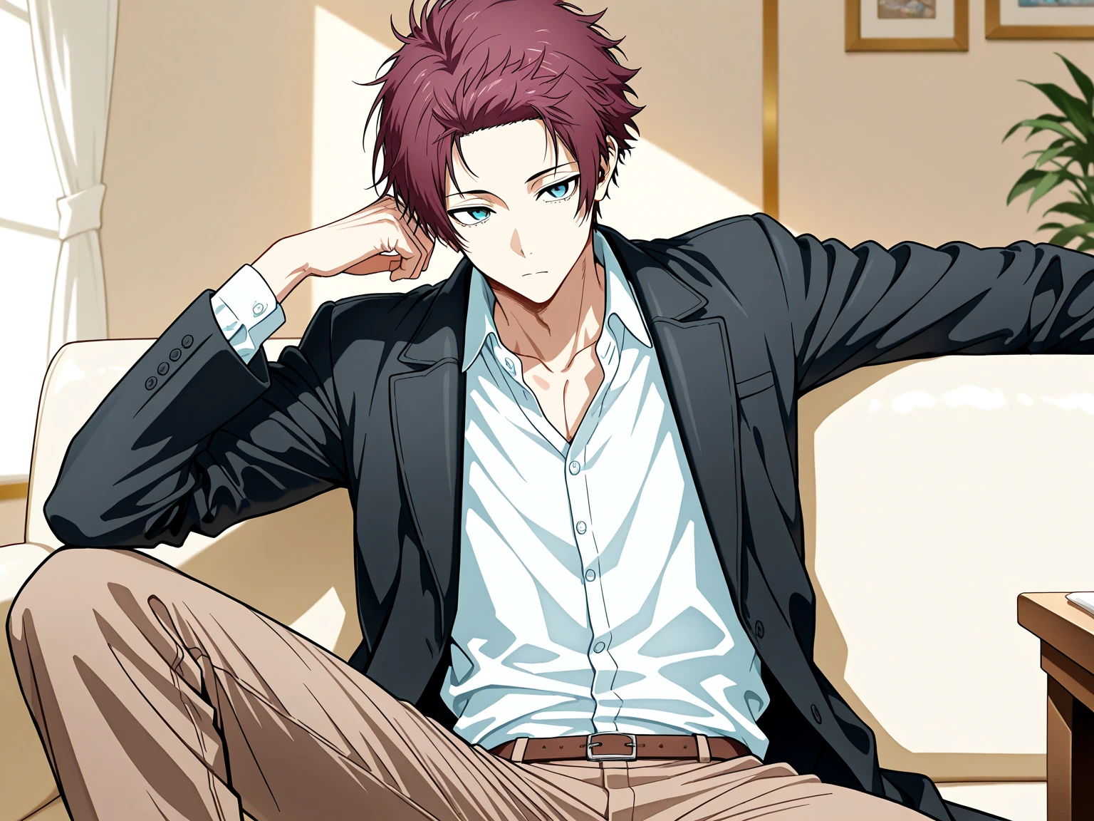 (masterpiece, best quality), amazing quality, very aesthetic, absurdres, highres, newest, HDR, 8K, extremely detailed face and eyes, male focus, 1boy, closed mouth, Itoshi Sae, Blue Lock, magenta hair, teal eyes, underlashes, short hair, sexy man, handsome, white buttoned shirt, long black coat, brown pants, solo, modern_bg, cozy, living room, sitting on couch, table