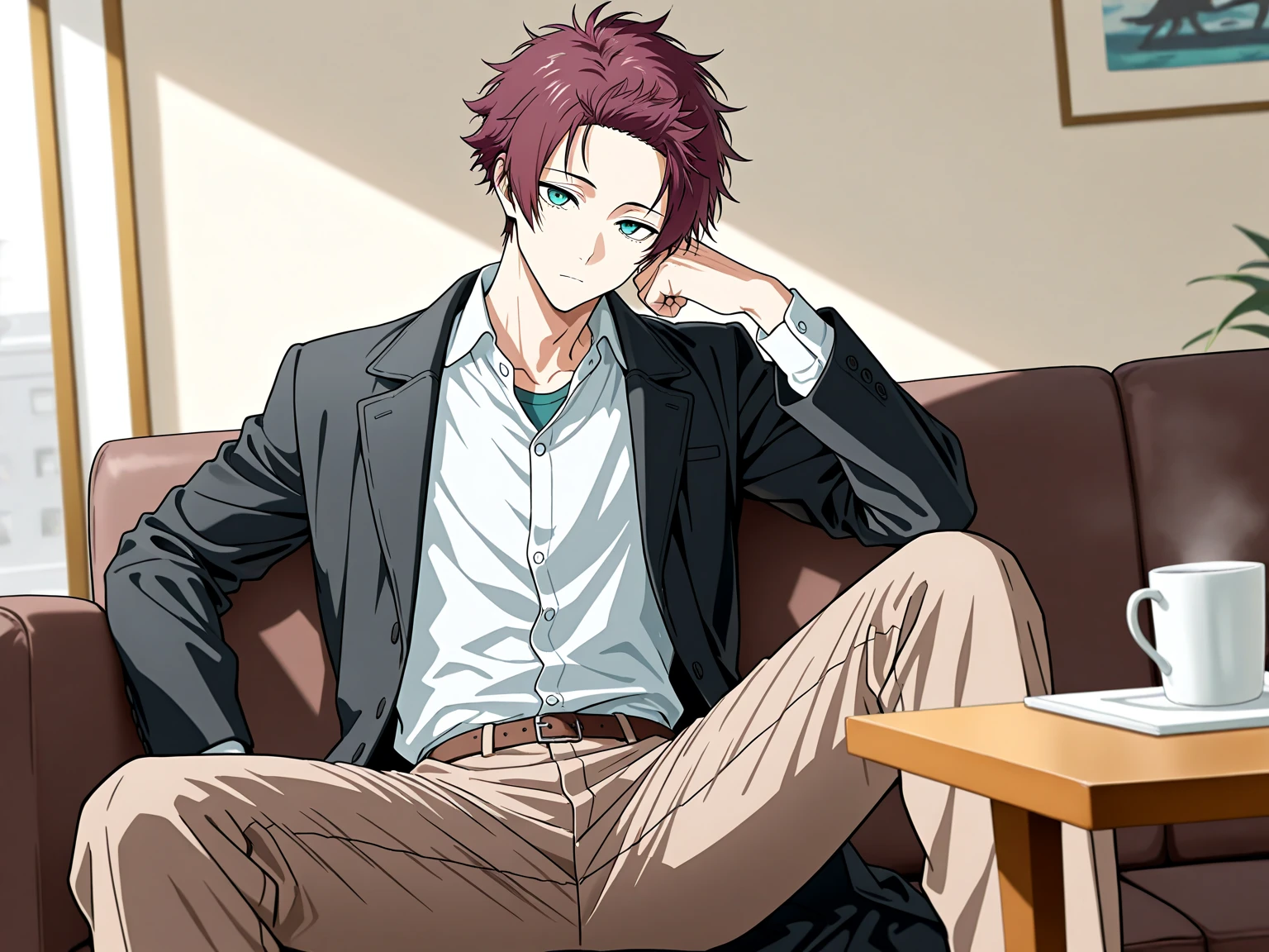 (masterpiece, best quality), amazing quality, very aesthetic, absurdres, highres, newest, HDR, 8K, extremely detailed face and eyes, male focus, 1boy, closed mouth, Itoshi Sae, Blue Lock, magenta hair, teal eyes, underlashes, short hair, sexy man, handsome, white buttoned shirt, long black coat, brown pants, solo, modern_bg, cozy, living room, sitting on couch, table