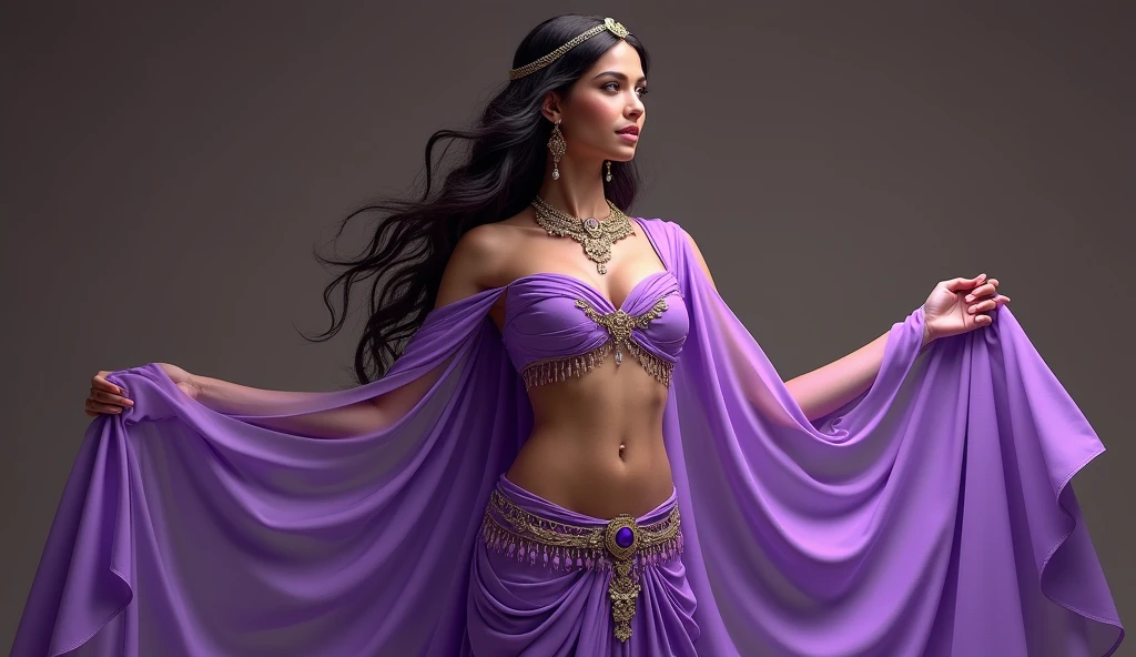 araffe woman in purple dress dancing in a room, she is dressed as a belly dancer, indian goddess, sexy dress, indian, wearing purple strapless dress, purple outfit, garbed in a purple gown, revealing outfit, very sexy outfit, in a dress, indian style, provocative indian, traditional beauty, tiktok video, wearing an ornate outfit