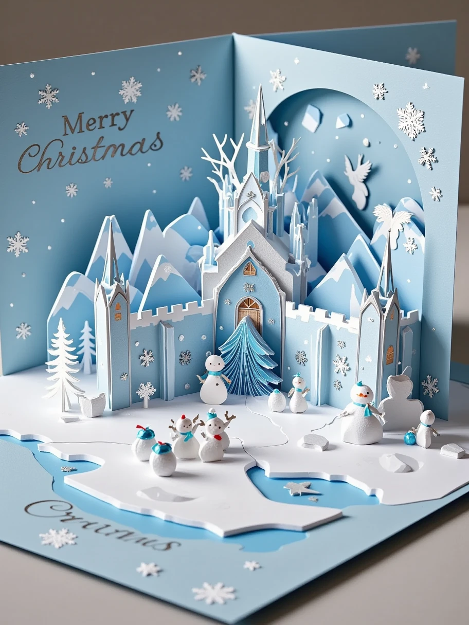 A realistic close-up photo of a handmade Christmas popup card made entirely of intricately cut and folded paper or cardstock. The card is open, revealing a detailed 3D scene crafted from layered paper: a magnificent ice castle surrounded by a frozen moat. The castle walls are adorned with paper icicles and snowflakes. Inside the castle courtyard, there are paper snowmen and a Christmas tree decorated with blue and silver ornaments. The background inside the card displays laser-cut snowflakes and stars, with a simple 'Merry Christmas' message elegantly formed from raised paper layers. The outer cover, partially visible, is light blue with embossed silver lettering and paper-cut details of snowflakes and castle towers. The lighting emphasizes the texture and precision of the paper design, with a neutral background to keep the focus on the card's craftsmanship