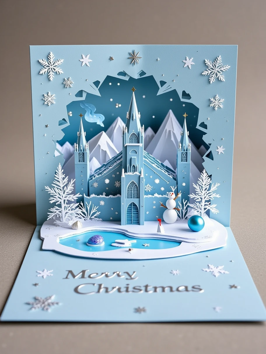 A realistic close-up photo of a handmade Christmas popup card made entirely of intricately cut and folded paper or cardstock. The card is open, revealing a detailed 3D scene crafted from layered paper: a magnificent ice castle surrounded by a frozen moat. The castle walls are adorned with paper icicles and snowflakes. Inside the castle courtyard, there are paper snowmen and a Christmas tree decorated with blue and silver ornaments. The background inside the card displays laser-cut snowflakes and stars, with a simple 'Merry Christmas' message elegantly formed from raised paper layers. The outer cover, partially visible, is light blue with embossed silver lettering and paper-cut details of snowflakes and castle towers. The lighting emphasizes the texture and precision of the paper design, with a neutral background to keep the focus on the card's craftsmanship