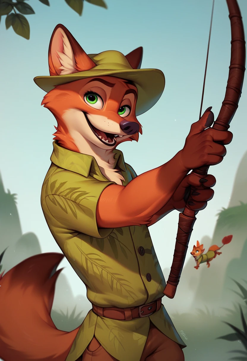 Nick the Fox Man in Zootopia。The world of Robin Hood 。 posing coolly 。 wearing Robin Hood clothes 。 holding archery in his right hand。Disney movie style 。 has green eyes 。