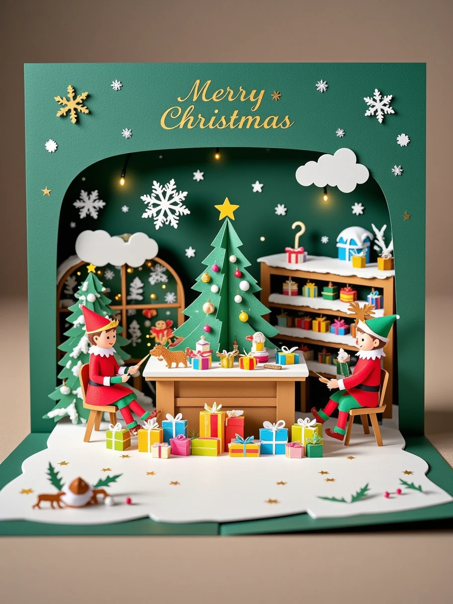 A realistic close-up photo of a handmade Christmas popup card made entirely of intricately cut and folded paper or cardstock. The card is open, revealing a detailed 3D scene crafted from layered paper: a busy elf workshop filled with toys and tools. Paper elves are hard at work, painting toys and wrapping gifts. There are shelves lined with colorful presents. In the center, there is a large table with a half-finished toy. The background inside the card displays laser-cut snowflakes and stars, with a simple 'Merry Christmas' message elegantly formed from raised paper layers. The outer cover, partially visible, is green with embossed gold lettering and paper-cut details of elves. The lighting emphasizes the texture and precision of the paper design, with a neutral background to keep the focus on the card's craftsmanship