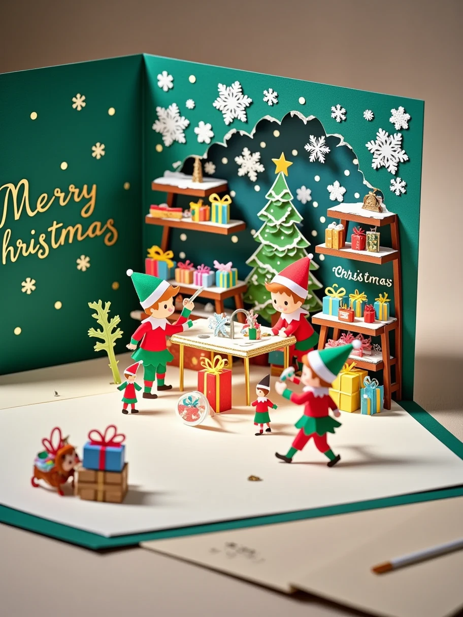 A realistic close-up photo of a handmade Christmas popup card made entirely of intricately cut and folded paper or cardstock. The card is open, revealing a detailed 3D scene crafted from layered paper: a busy elf workshop filled with toys and tools. Paper elves are hard at work, painting toys and wrapping gifts. There are shelves lined with colorful presents. In the center, there is a large table with a half-finished toy. The background inside the card displays laser-cut snowflakes and stars, with a simple 'Merry Christmas' message elegantly formed from raised paper layers. The outer cover, partially visible, is green with embossed gold lettering and paper-cut details of elves. The lighting emphasizes the texture and precision of the paper design, with a neutral background to keep the focus on the card's craftsmanship