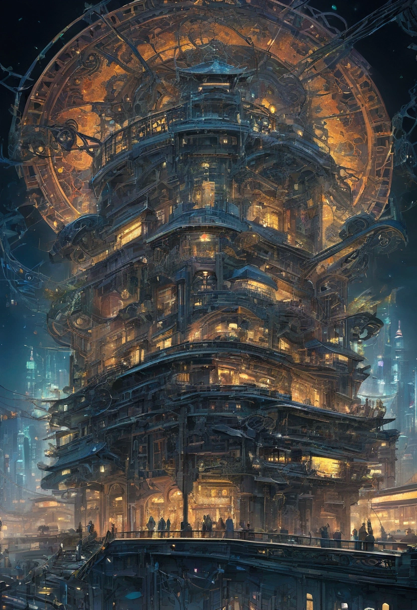 Chinese antique painting illustration style, ultra-modern cyberpunk night city with exposed mechanical parts, LEDs, and intricately tangled gears, fantasy world view, professional and perfect composition, extremely delicate depiction, extremely clear image, bold and dynamic, contrasts of light and shadow, ultra detailed, absolutely resolution, masterpiece