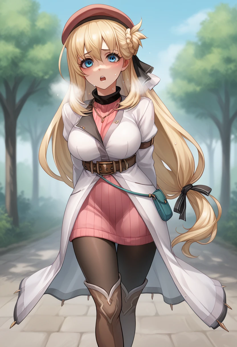 score_9, score_8_up, score_7_up, score_6_up, score_5_up, score_4_up, BREAK source_anime,
1girl, solo, sfw,  Agnes Claudel, blonde hair, long hair, blue eyes, large breasts, hair ribbon, (see throught clothes), beret, white coat, turtleneck dress, necklace, belt, pink skirt, pantyhose, brown boots, thigh boots,, (full body shot), (show full body), front view, looking at viewer, outdoors, sky, trees, 
racoonsan,, (bending forward), exhausted, heavy breathing, sweating, wet, moaning, aroused, mouth open, worried expression, (touching her knees), legs apart