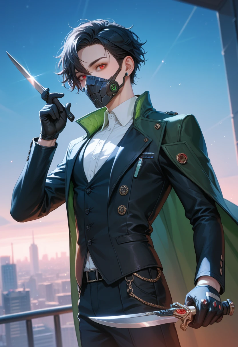 A 18-yr young man, wavy black hair, red eyes, villain, half lower face metal mask, slender, thin, slim, scifi, futuristic, black vest, wearing a green long coat, black gloves, holding a throwing knife, on the rooftop at night