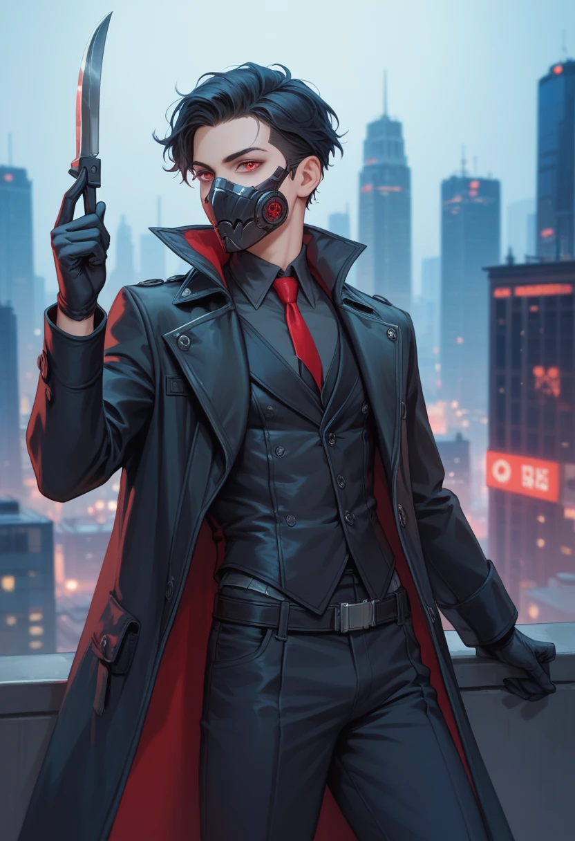 A 18-yr young man, wavy black hair, red eyes, villain, half lower face metal mask, slender, thin, slim, scifi, futuristic, black vest, wearing a green long coat, black gloves, holding a throwing knife, on the rooftop at night